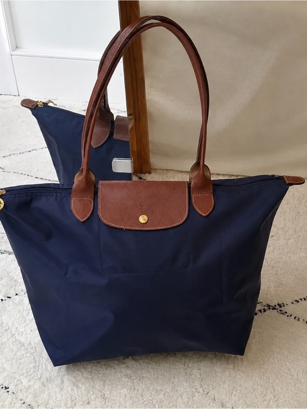 Longchamp Navy Tote with Brown Leather Trim
